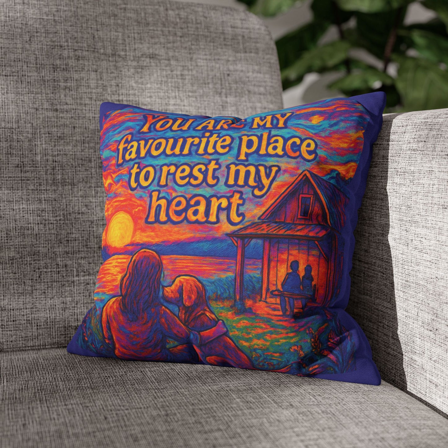 Sunset Throw Pillow — “You Are My Favourite Place to Rest My Heart” Decorative Cushion