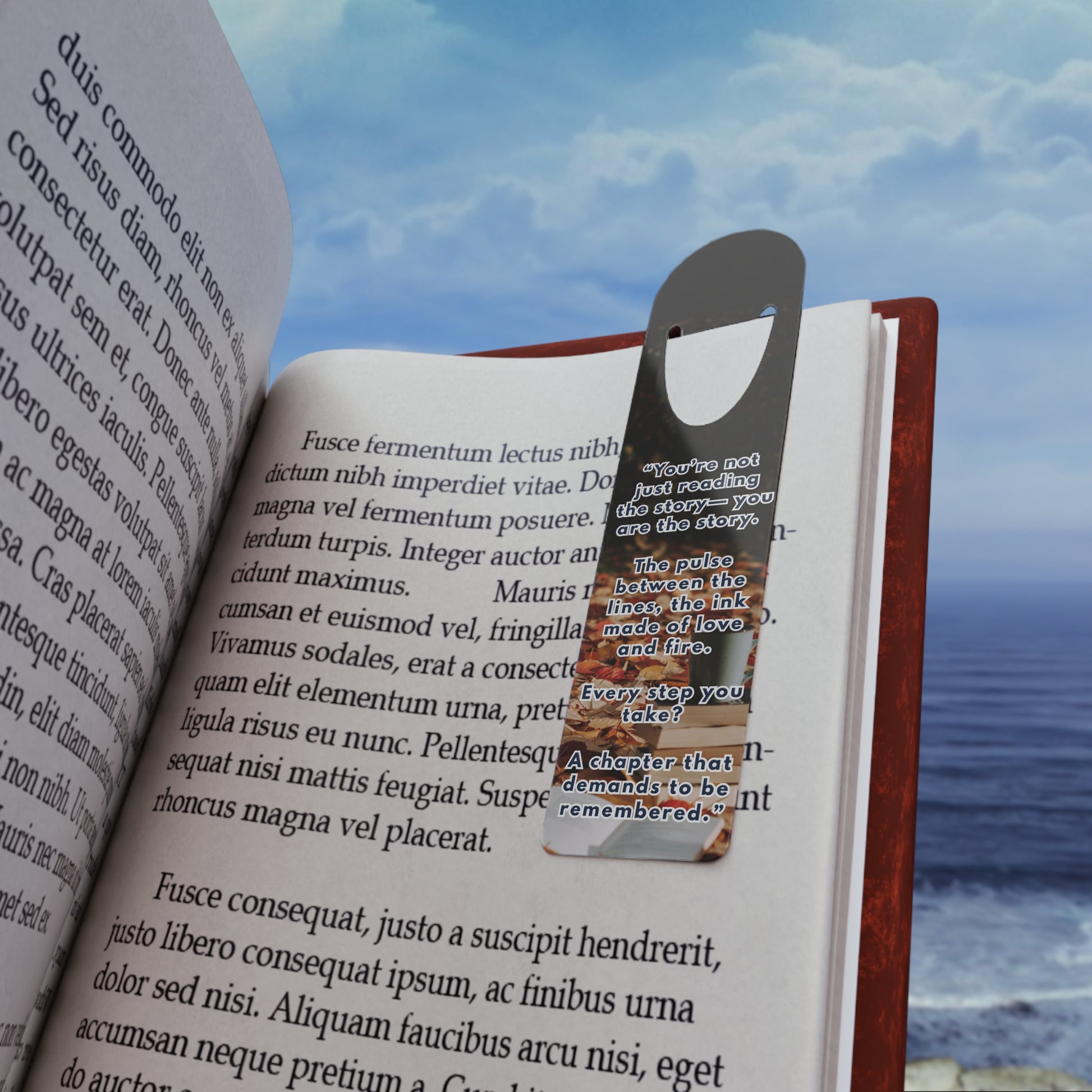 Book with a bookmark featuring a poem, set against a scenic background of water and sky.