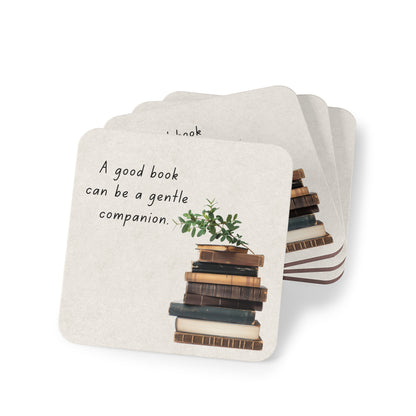 Book Lover Coasters — "A good book can be a gentle companion." Cork Drink Coasters