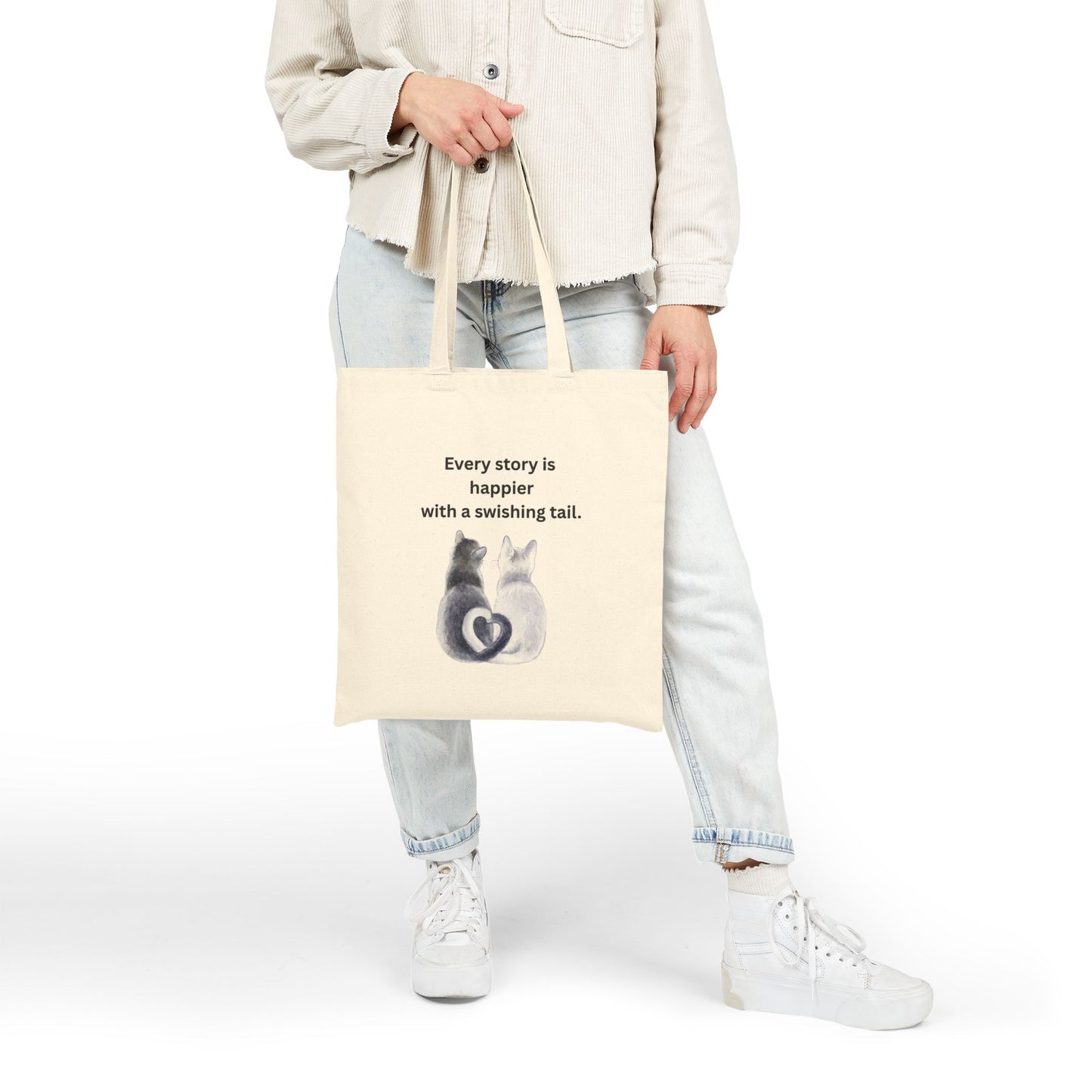 Every Story Is Happier With a Swishing Tail — Heart-Tails Cats Cotton Canvas Tote Bag