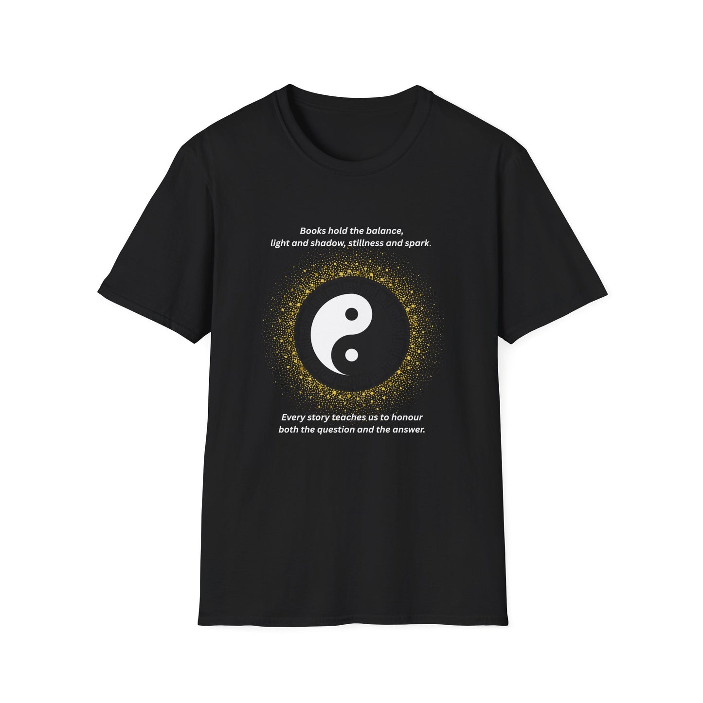 Black t-shirt with yin yang symbol and text on a white background
