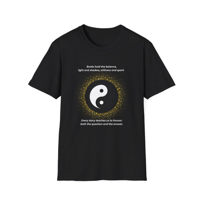 Black t-shirt with yin yang symbol and text on a white background