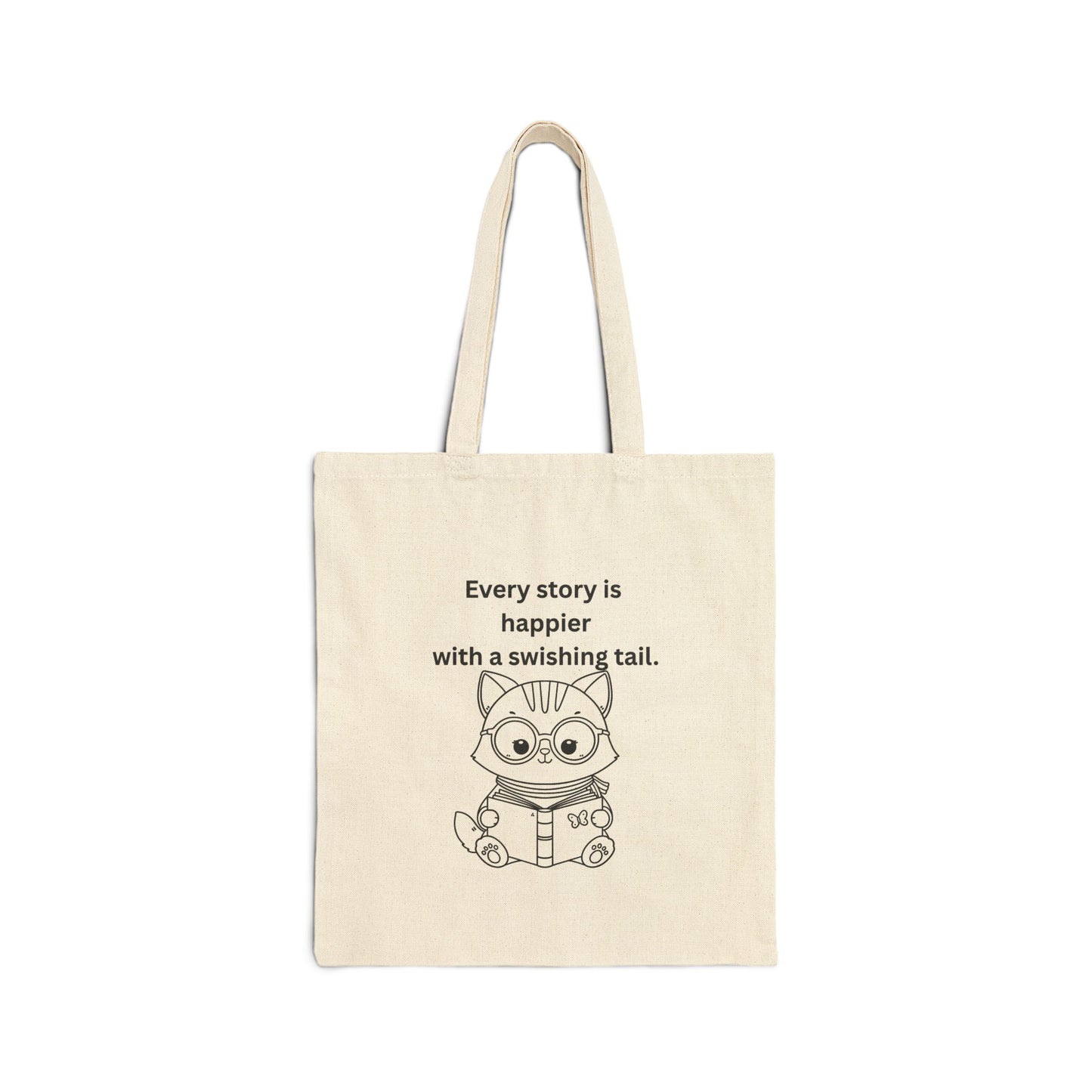 Every Story Is Happier With a Swishing Tail — Reading Cat Cotton Canvas Tote Bag