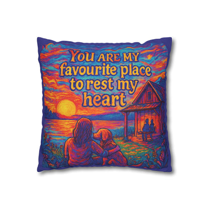 Sunset Throw Pillow — “You Are My Favourite Place to Rest My Heart” Decorative Cushion