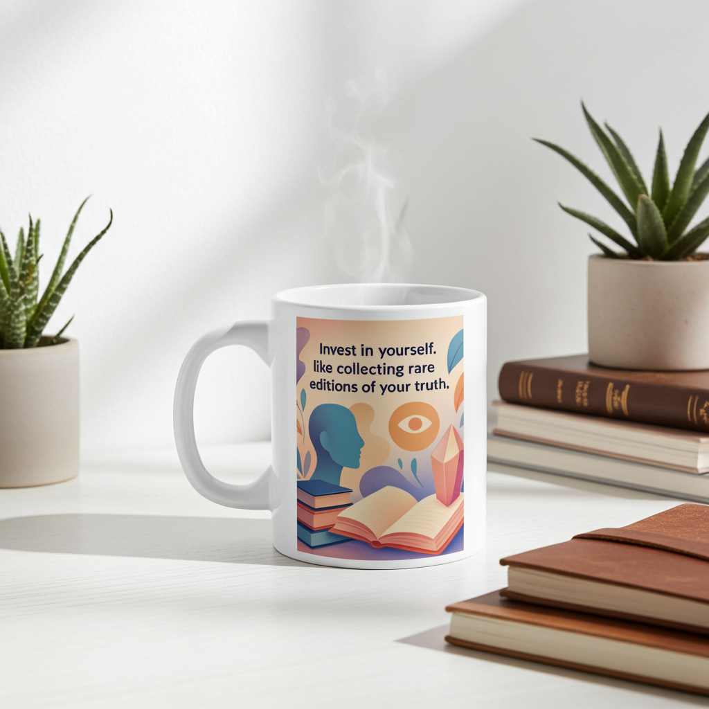 "Invest in yourself, like collecting rare editions of your truth" Ceramic Self-Discovery Mug