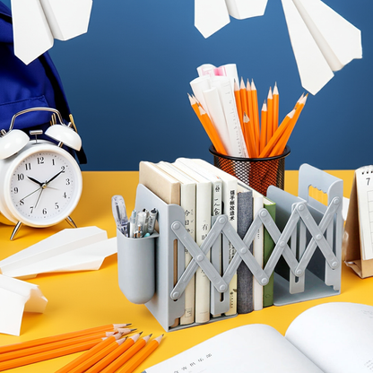 Retractable Bookends with Pen Holder Adjustable Heavy Duty Desk Organizer