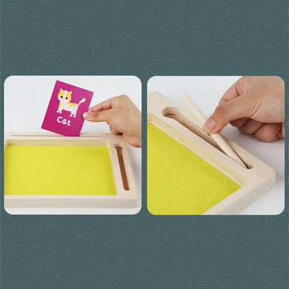 Wooden Montessori Sand Tray With Wooden Pen Includes Alphabet Flashcards For Preschool Writing Letters And Numbers