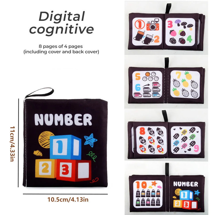 Children's educational book with number and letter illustrations on a white background