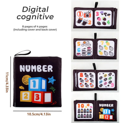 Children's educational book with number and letter illustrations on a white background