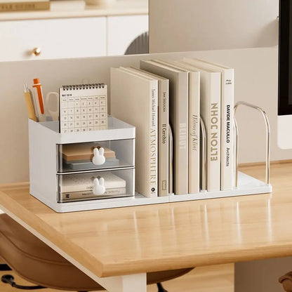 Six Grids Bookend Book Holder with Storage Box – Space-Saving Desk Organizer