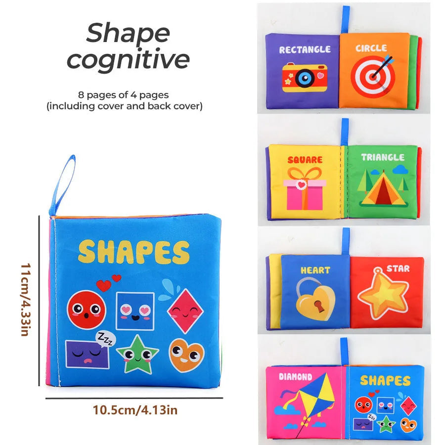 Children's educational book about shapes with colorful pages and dimensions displayed.