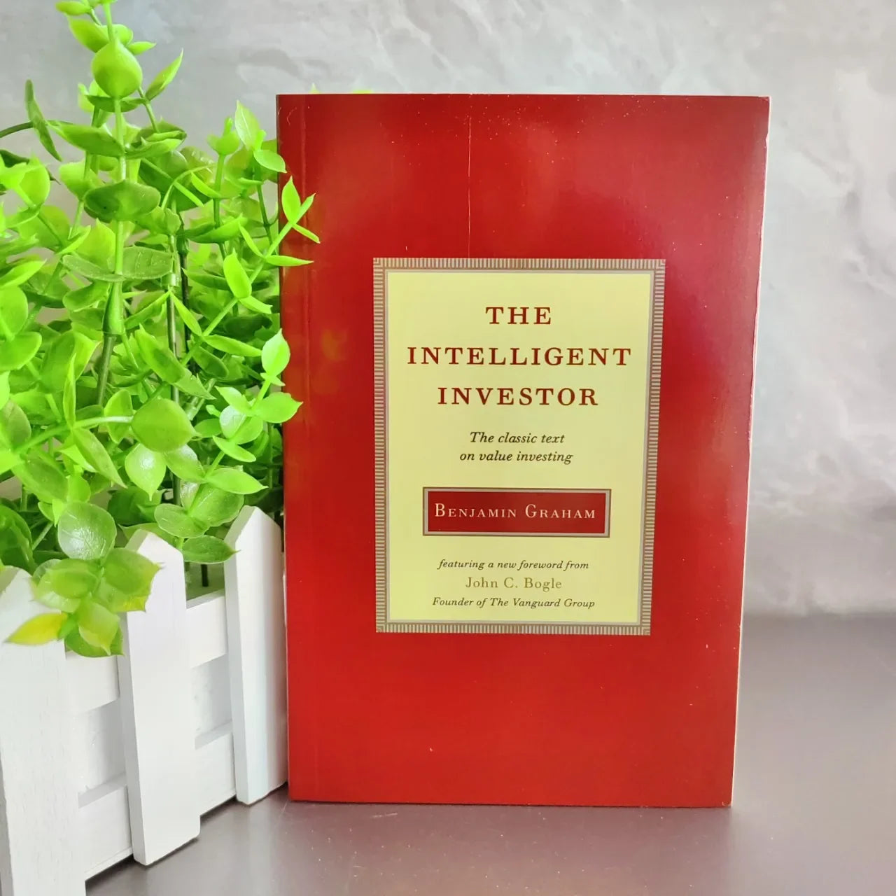 Book titled 'The Intelligent Investor' by Benjamin Graham with a plant in the background