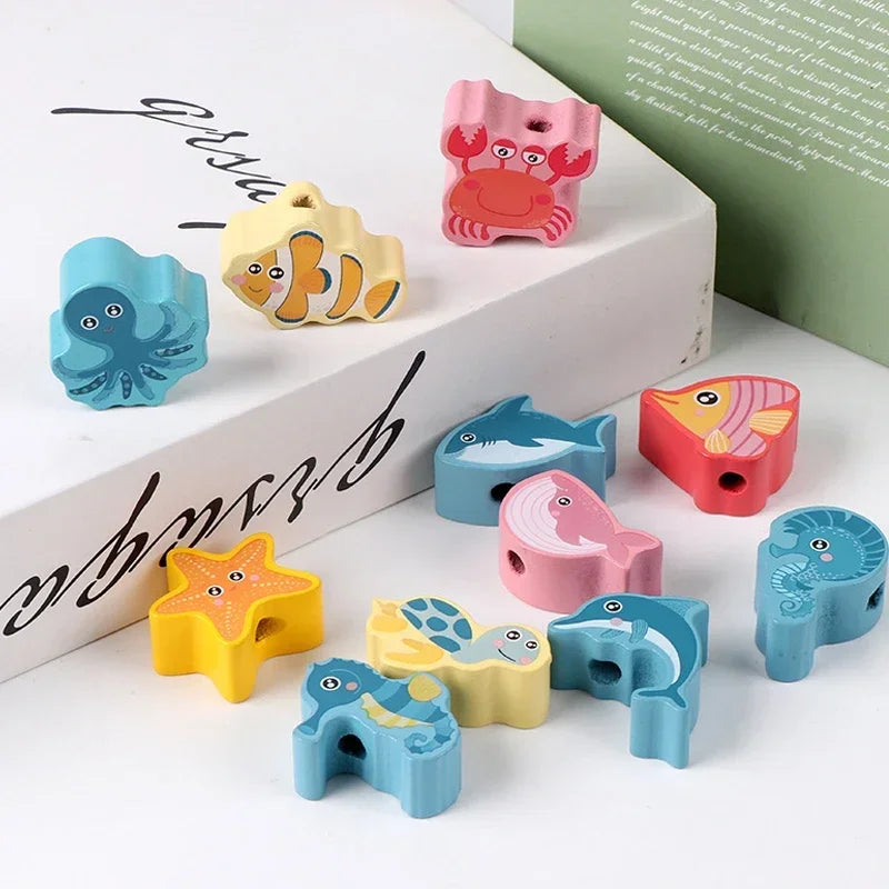 Montessori Wooden Lacing Toy Beads Set Educational Threading Toy for Kids