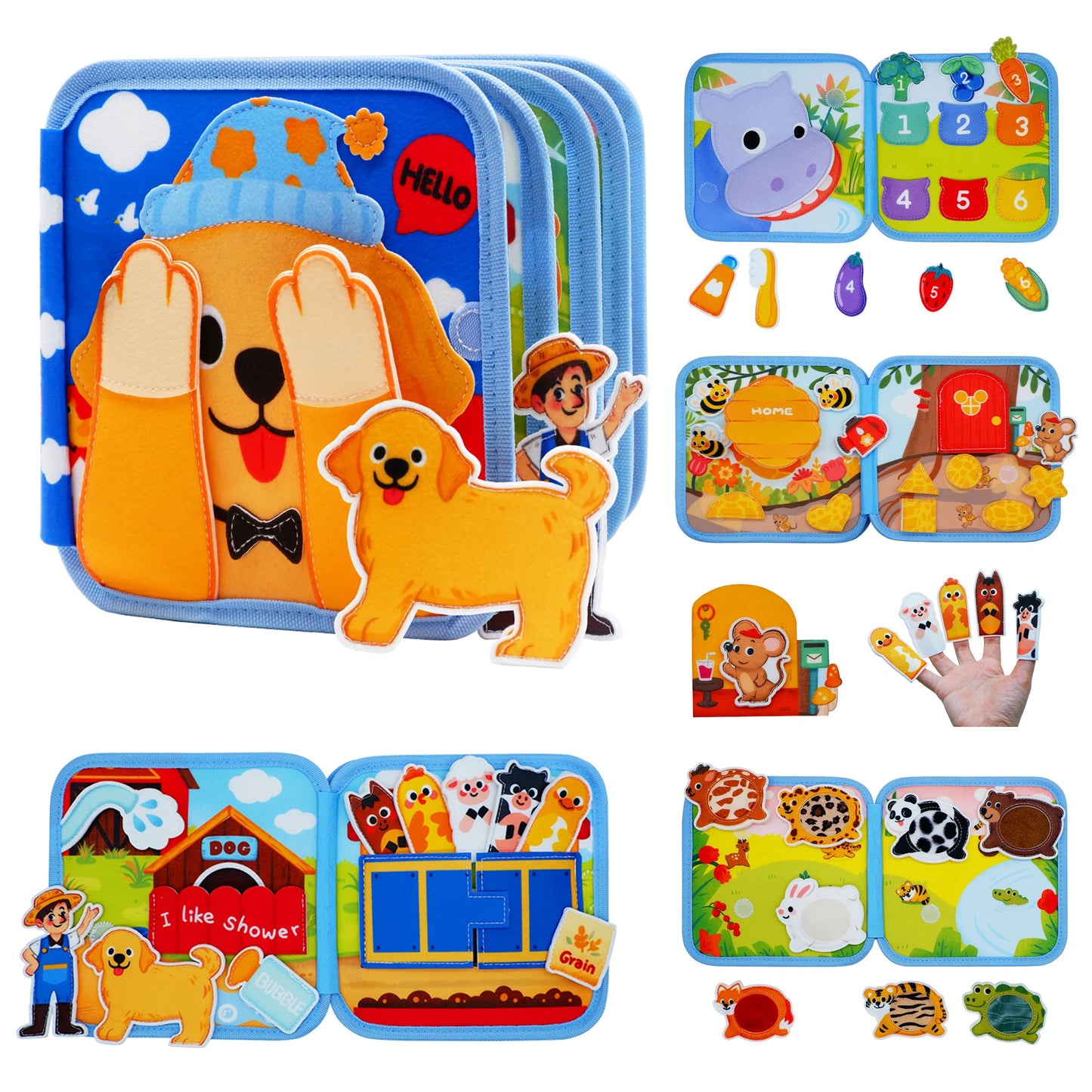 Collection of children's educational toys and books with animal illustrations and interactive elements. Montessori Busy  Board