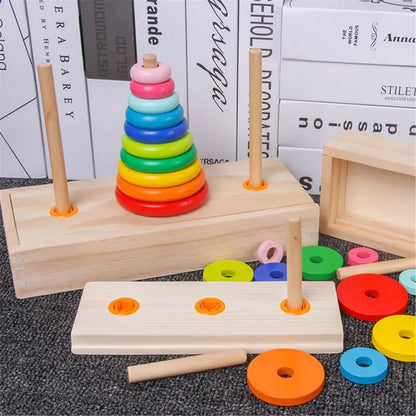 Interactive Wooden Montessori Tower Game for Kids – Colorful Hanoi Balance Toy