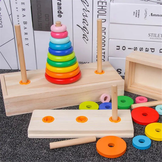 Interactive Wooden Montessori Tower Game for Kids – Colorful Hanoi Balance Toy