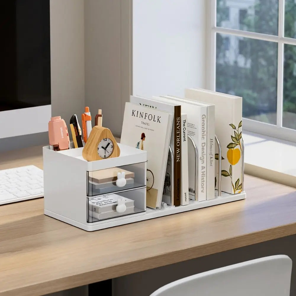 Six Grids Bookend Book Holder with Storage Box – Space-Saving Desk Organizer