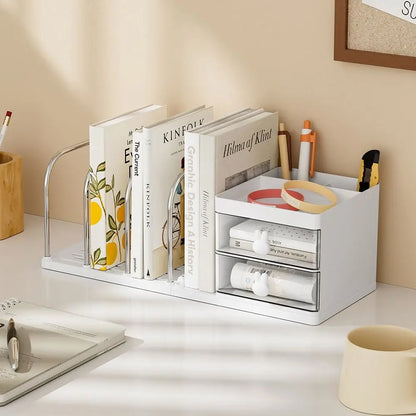 Six Grids Bookend Book Holder with Storage Box – Space-Saving Desk Organizer