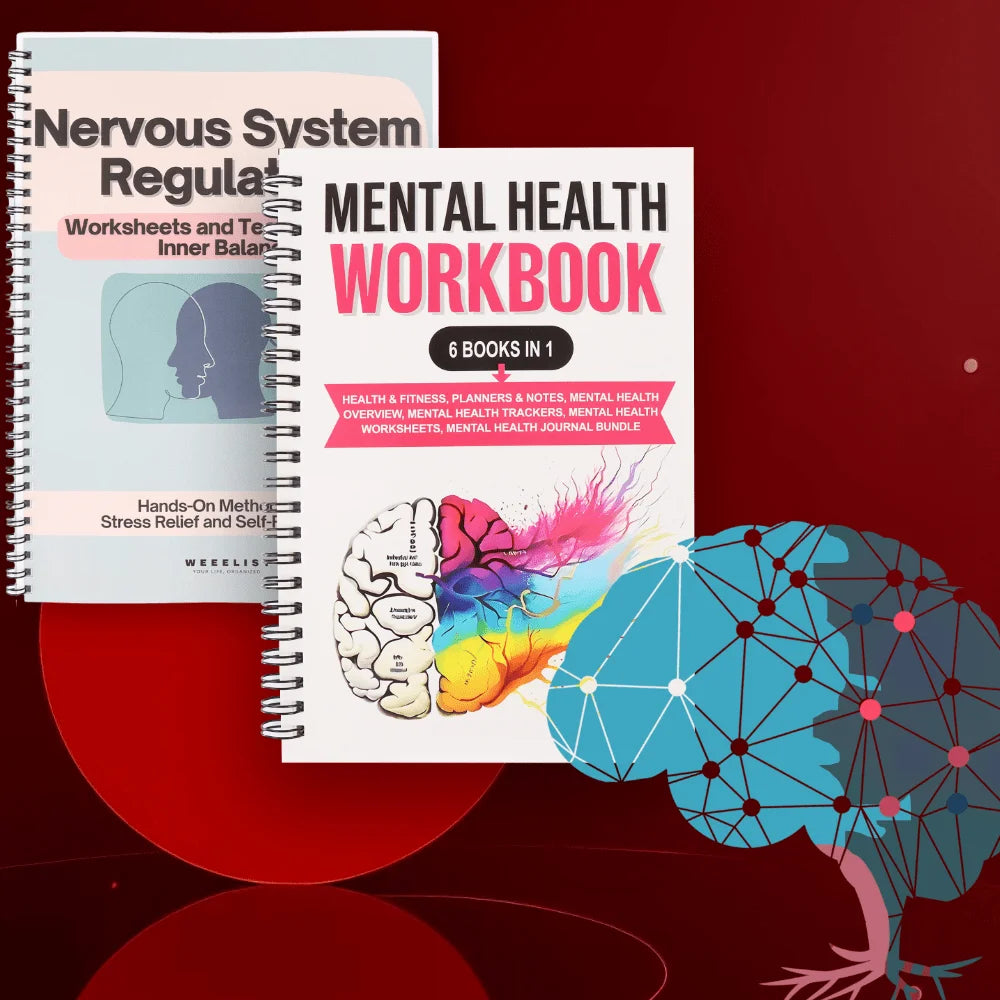 Mental health workbook with brain illustration on a red background