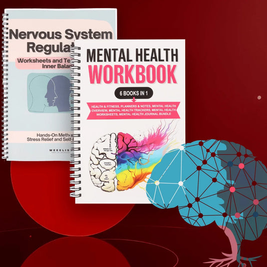 Mental health workbook with brain illustration on a red background