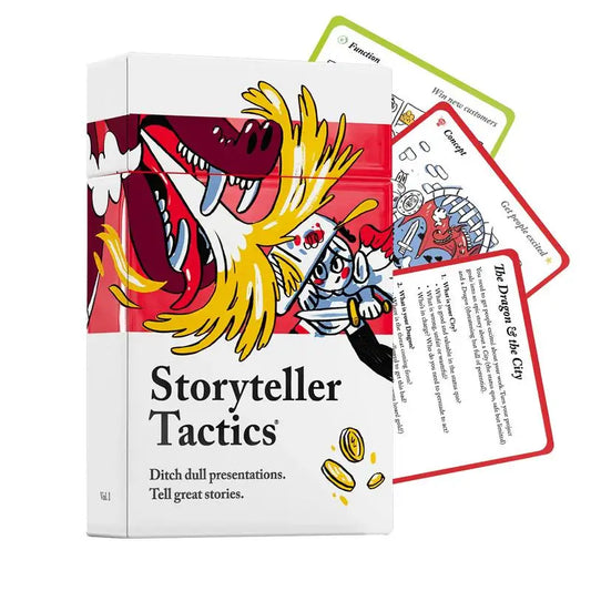 Card game set with 'Storyteller Tactics' packaging featuring a dragon illustration.