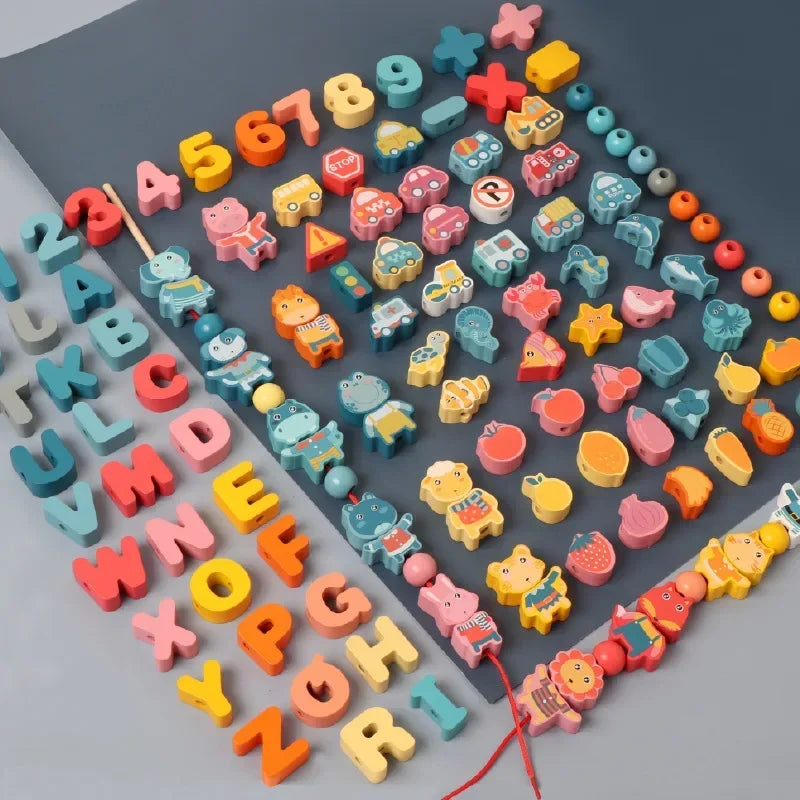 Montessori Wooden Lacing Toy Beads Set Educational Threading Toy for Kids