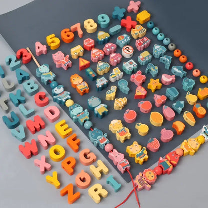 Montessori Wooden Lacing Toy Beads Set Educational Threading Toy for Kids