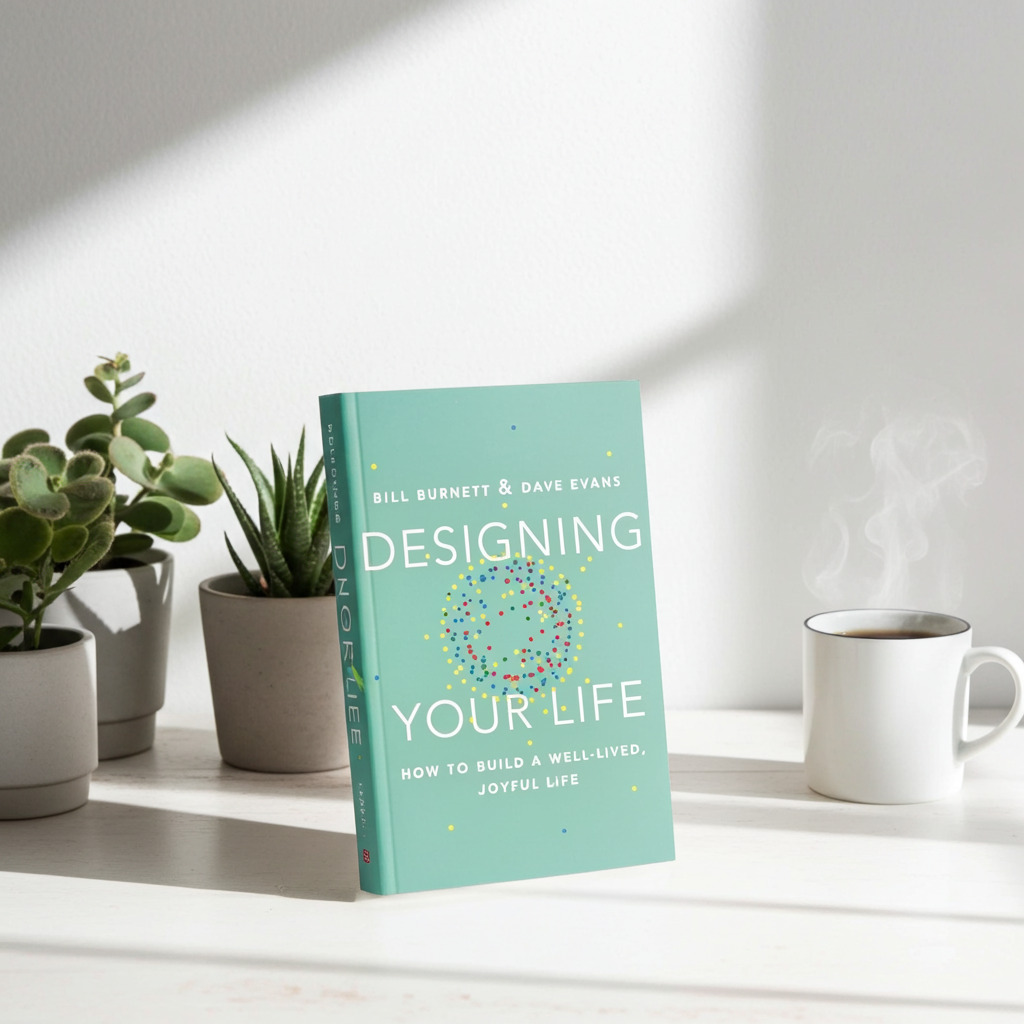 Book titled 'Designing Your Life' on a table with plants and a mug in the background