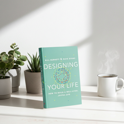 Book titled 'Designing Your Life' on a table with plants and a mug in the background