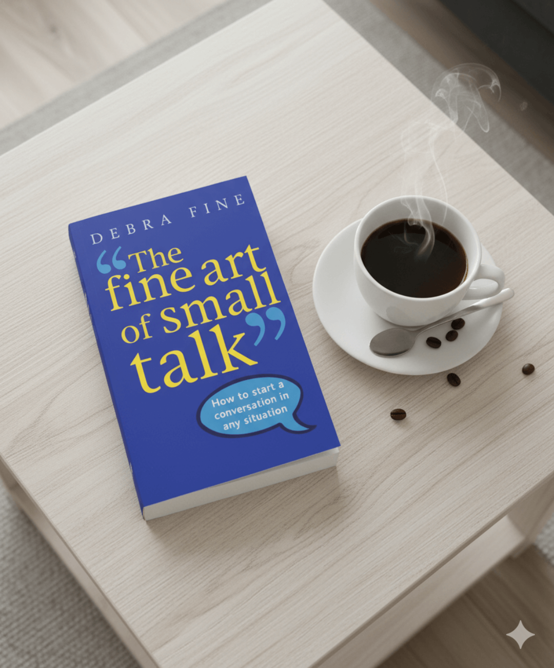 Book titled 'The Fine Art of Small Talk' by Debra Fine on a table with a cup of coffee.